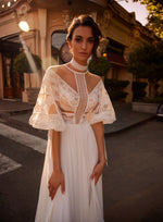 Vestido de noiva gola alta boêmio manga 3/4