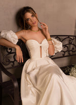 Strapless Satin Wedding Dress with Removable Puffy Sleeves