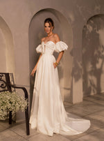 Strapless Satin Wedding Dress with Removable Puffy Sleeves