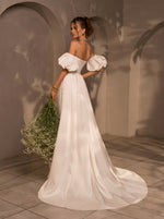 Strapless Satin Wedding Dress with Removable Puffy Sleeves