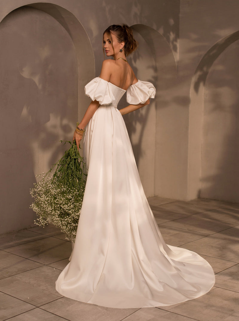 Strapless Satin Wedding Dress with Removable Puffy Sleeves EU32