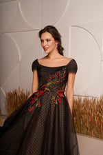 Polka-dot Tulle Black Floral Midi Dress