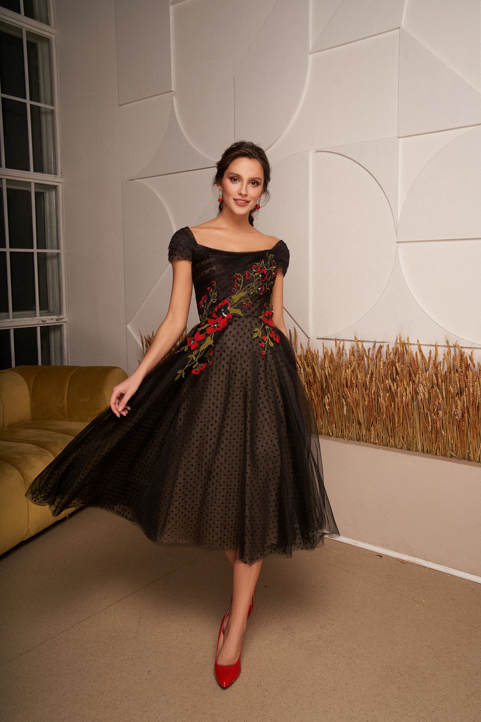 Polka-dot Tulle Black Floral Midi Dress HAREM's Brides Polka-dot Tulle Black Floral Midi Dress HAREM's Brides