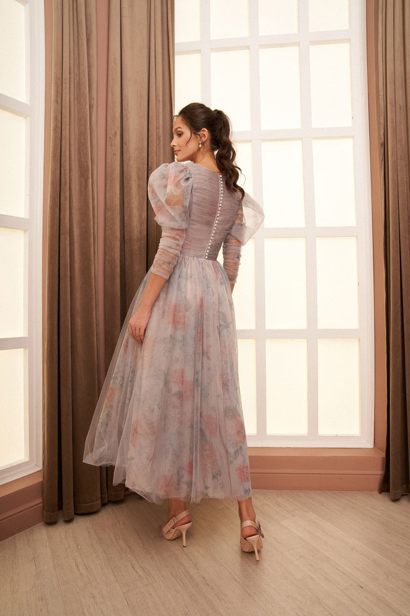 3-D Flower Midi Dress with Sleeves