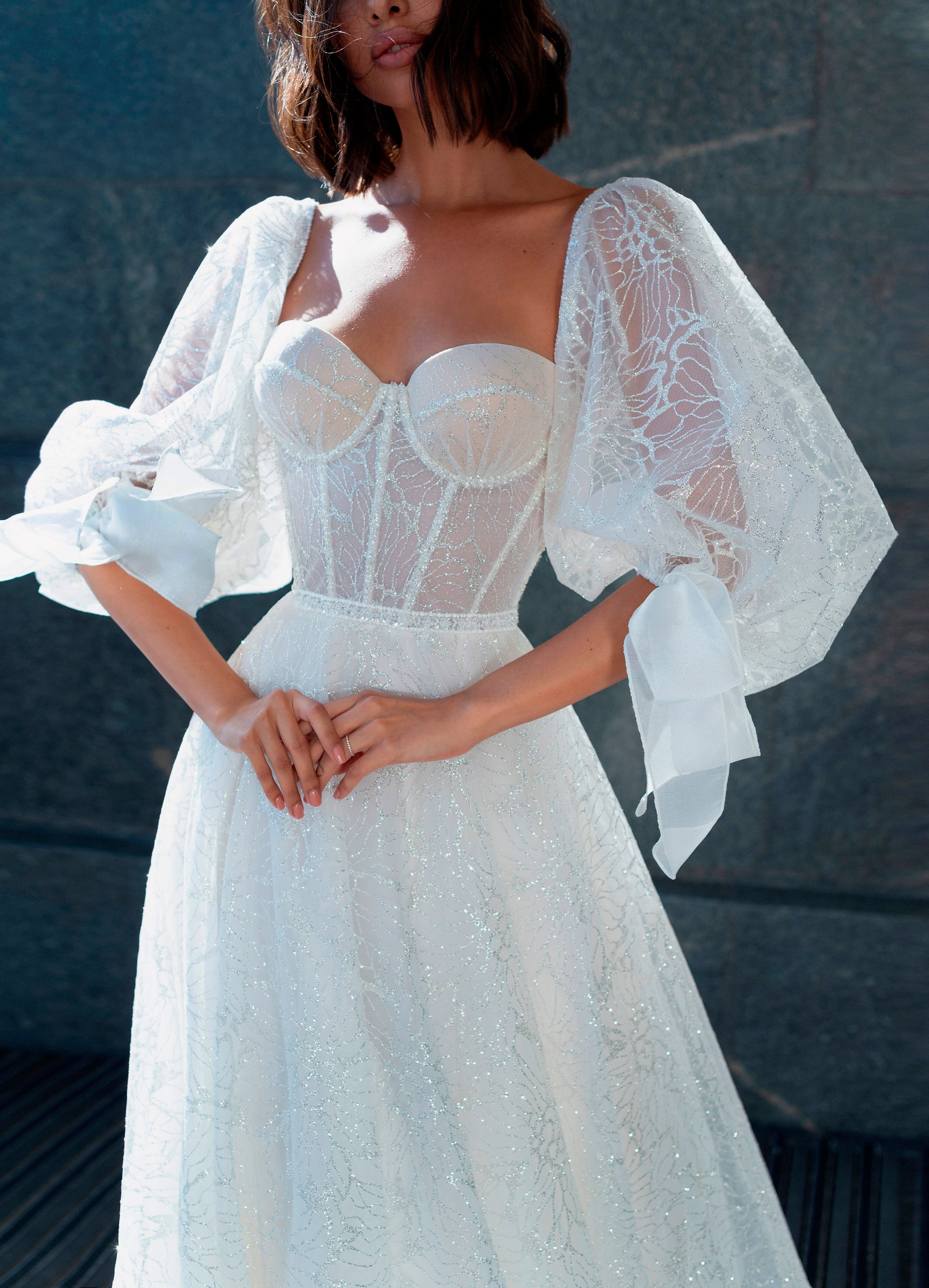 Glitter Corset Wedding Gown with Removable Sleeves EU38 Off White