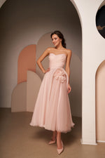 Sweetheart Style Midi Pink Dress with 3-D Rose