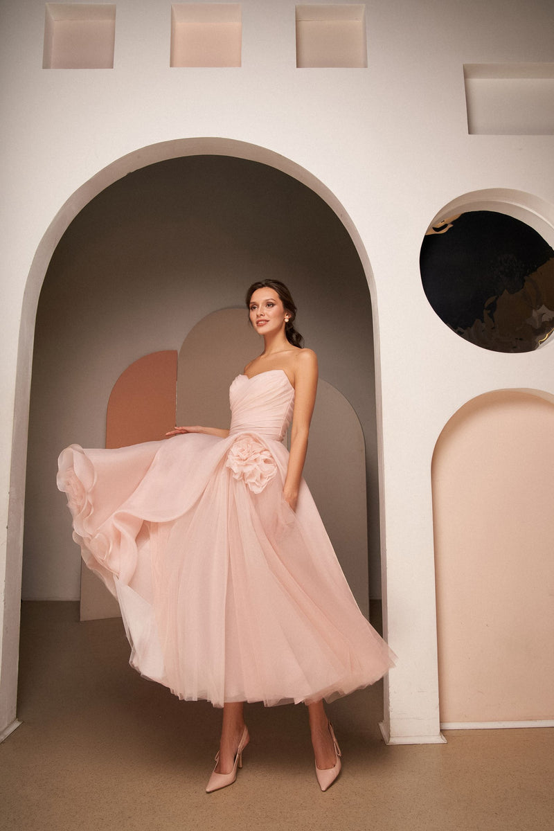 Sweetheart Style Midi Pink Dress with 3-D Rose HAREM's Brides Sweetheart Style Midi Pink Dress with 3-D Rose HAREM's Brides