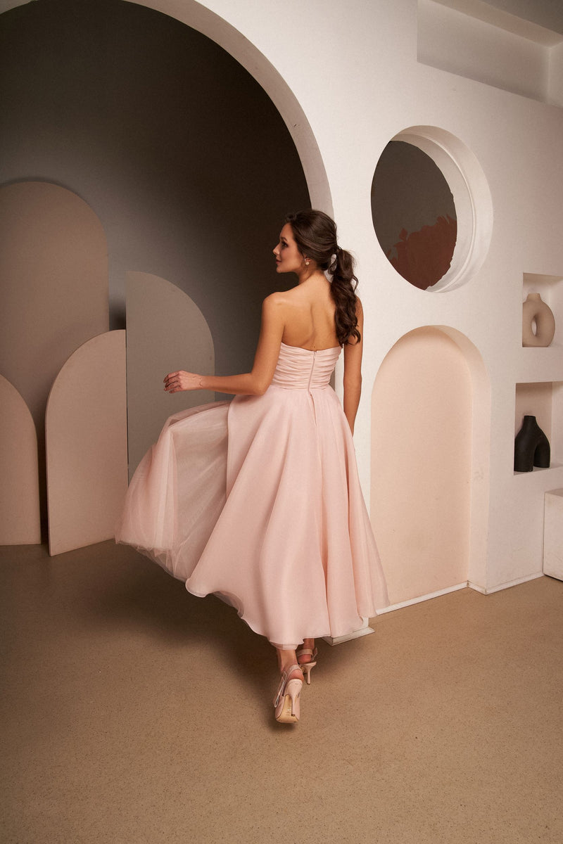 Sweetheart Style Midi Pink Dress with 3-D Rose