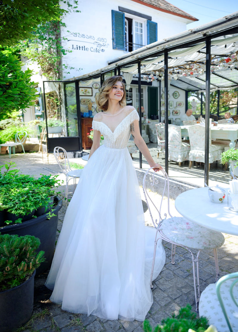 A-Line Illussion Neckline Glitter Wedding Gown