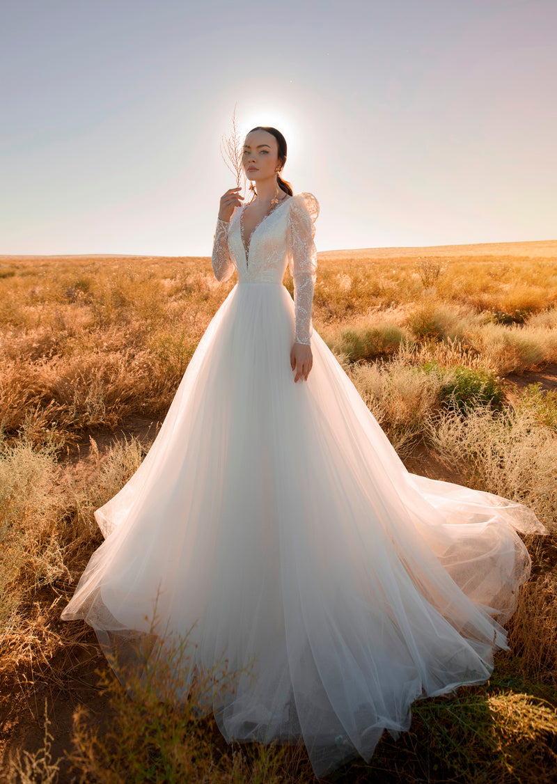 Robe de mariée trapèze transparente à manches longues