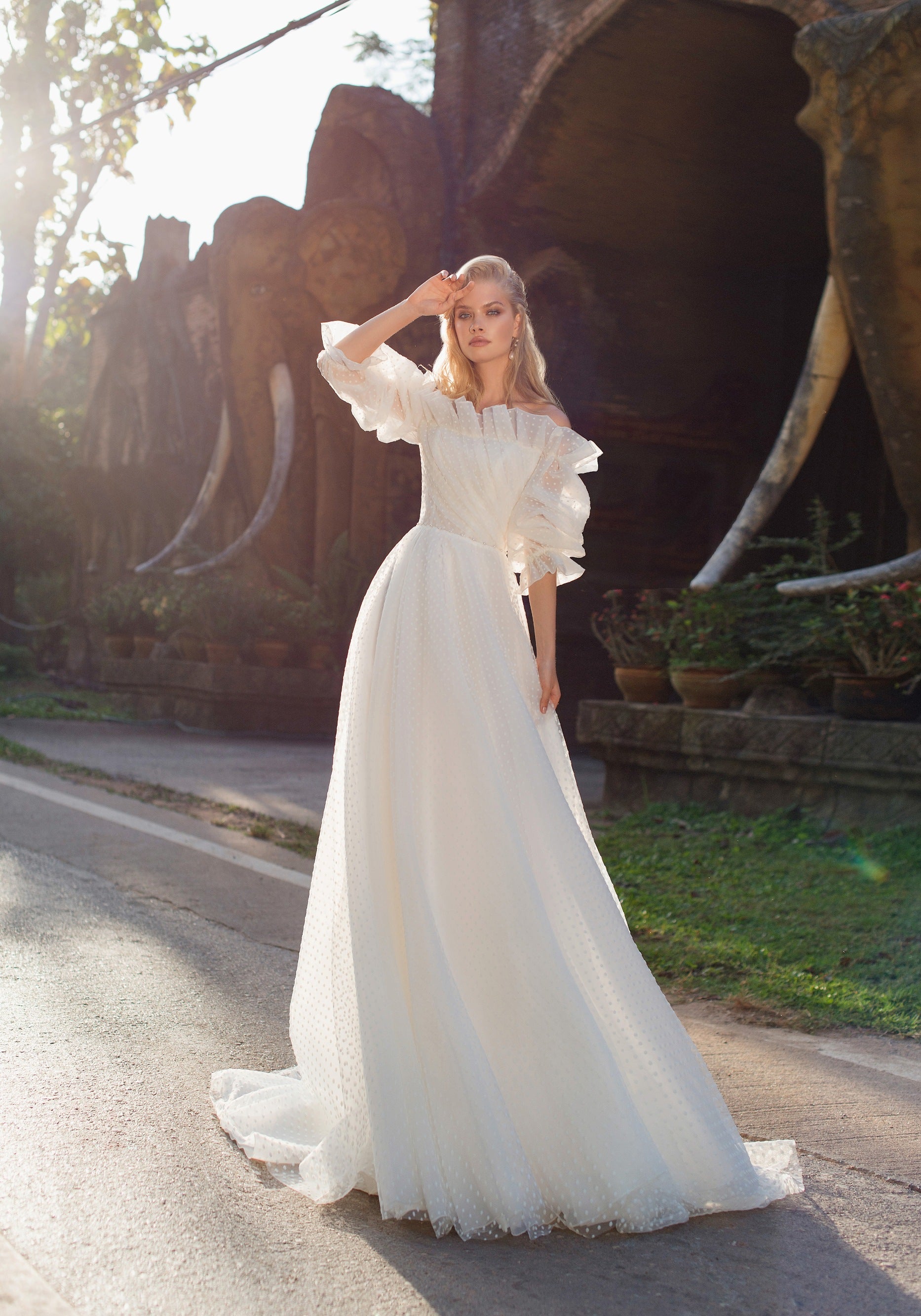 off the shoulder ball gown wedding dresses Polka Dot Off-shoulder Ball Gown Wedding Dress EU32 / Milk