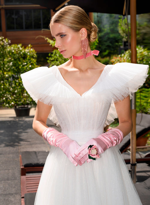 Vestido de novia angelical evasé con purpurina