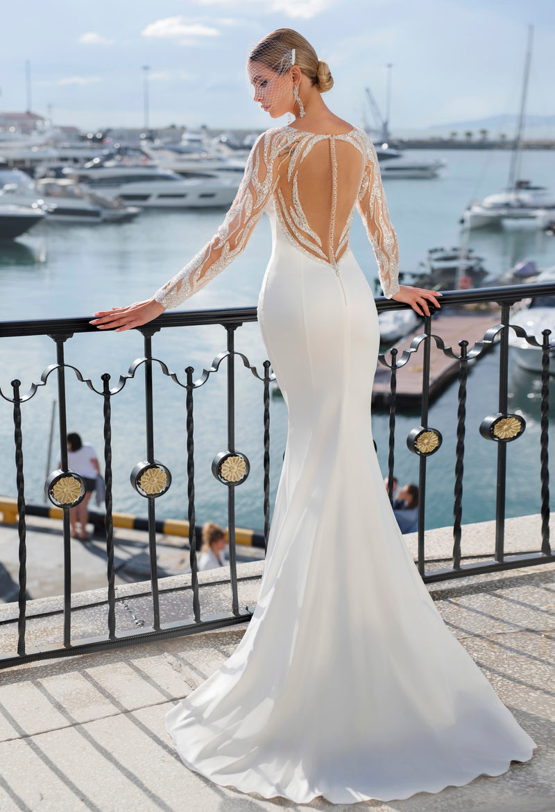 Deslumbrante vestido de noiva sereia de manga comprida