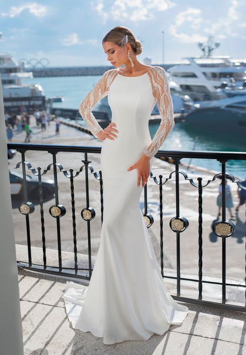 Impresionante vestido de novia sirena de manga larga