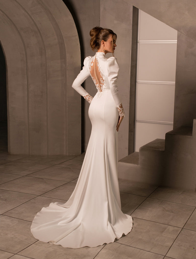 Elegante vestido de novia modesto de sirena de manga larga