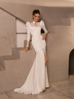 Elegante vestido de novia modesto de sirena de manga larga
