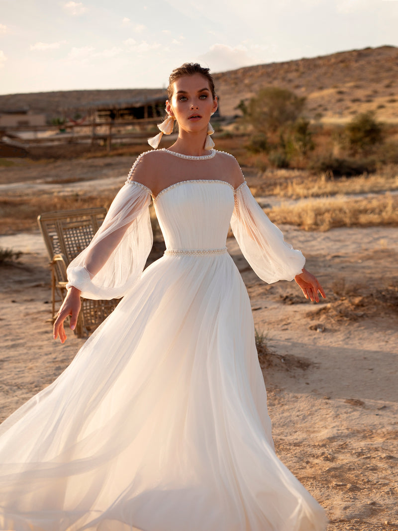 Vestido de novia elegante con mangas abullonadas de estilo minimalista