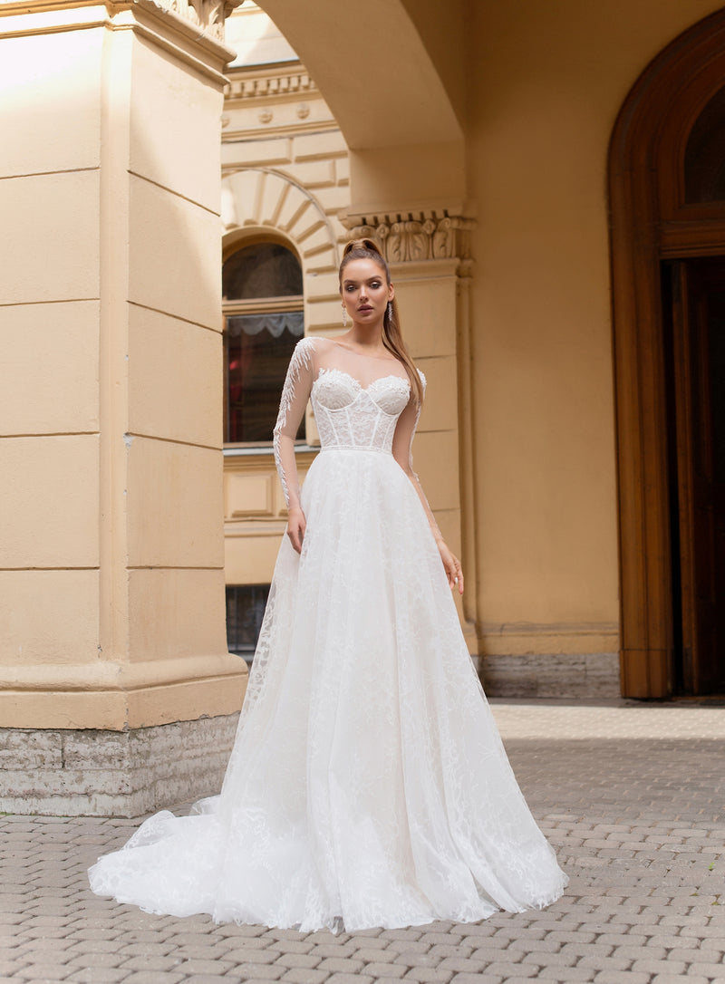 sheer long sleeve white dress Sheer Long Sleeve A-Line Glitter Wedding Dress EU34