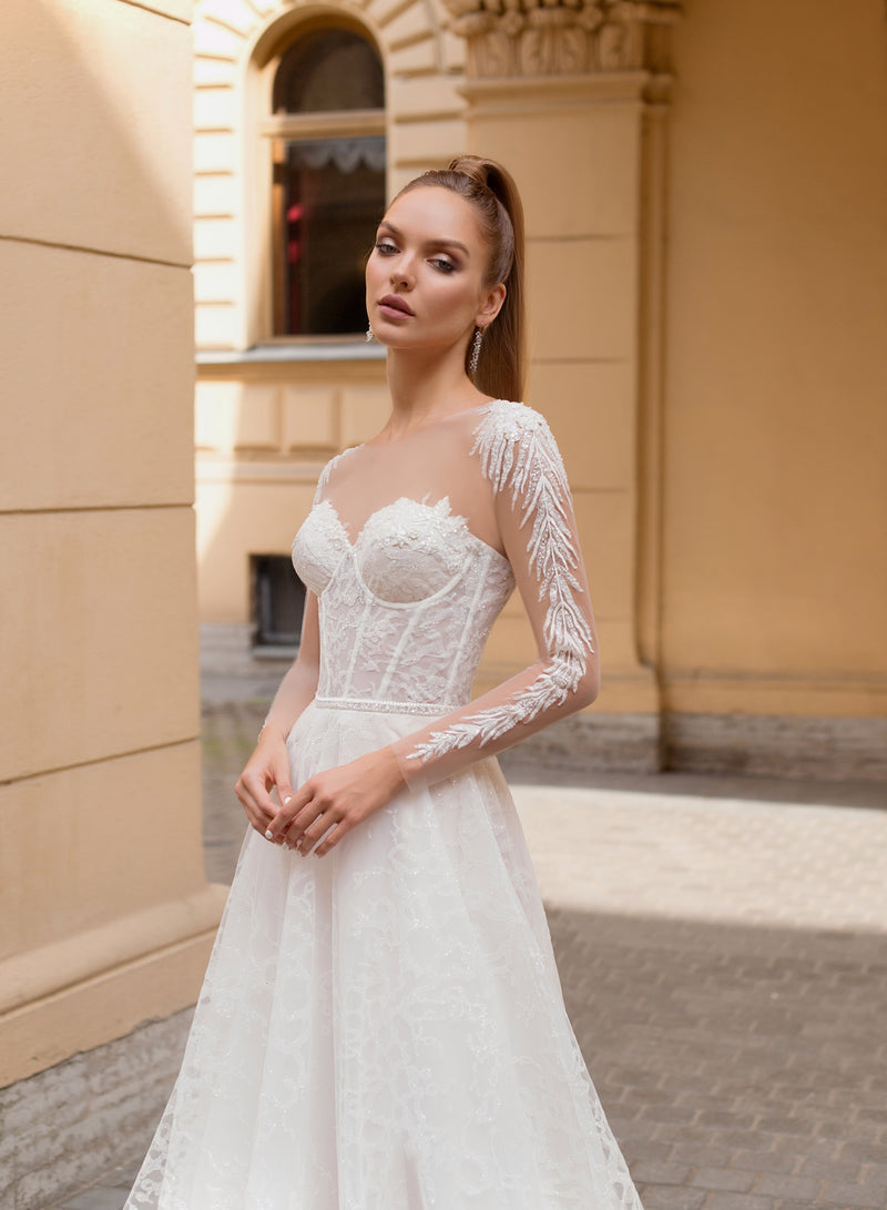 Sheer Long Sleeve A-Line Glitter Wedding Dress