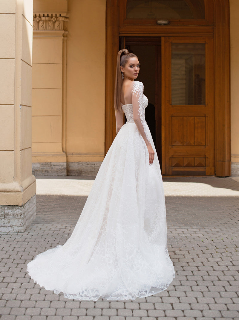 Sheer Long Sleeve A-Line Glitter Wedding Dress