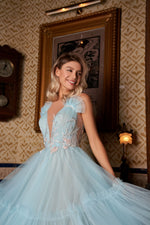 Robe de bal mi-longue chic en tulle avec dentelle