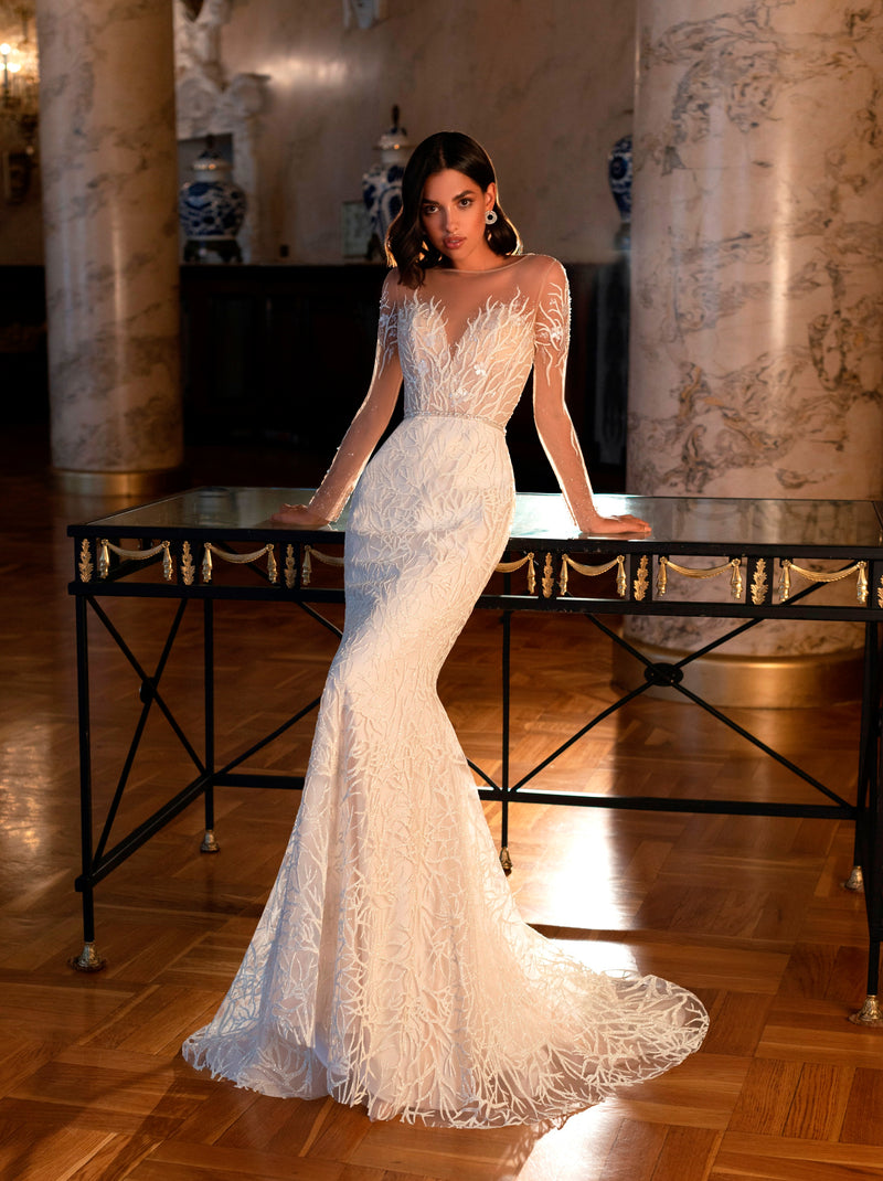 mermaid wedding dress sleeves Long Sleeve Minimalist HAREM's Brides WHITE over nude is a beautiful choice for your small KissProm Ivory Long Sleeve Cape