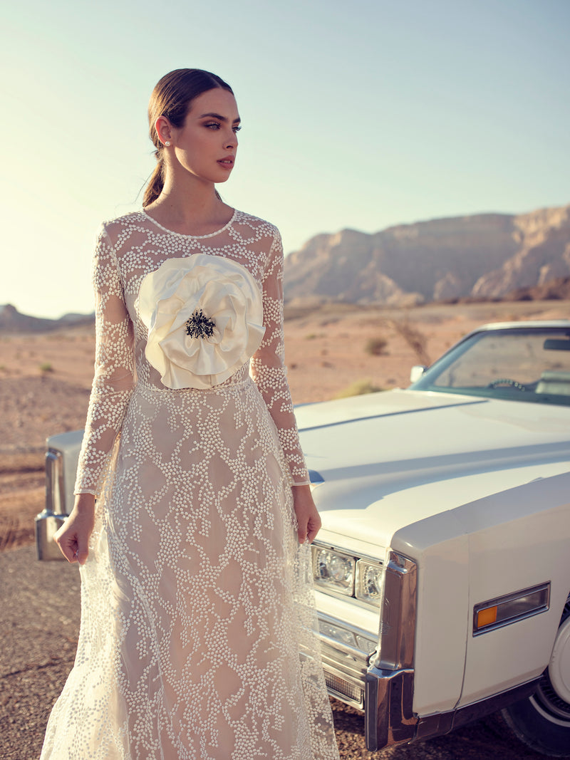 High-Neck Long Sleeve Wedding Dress with 3D Flower