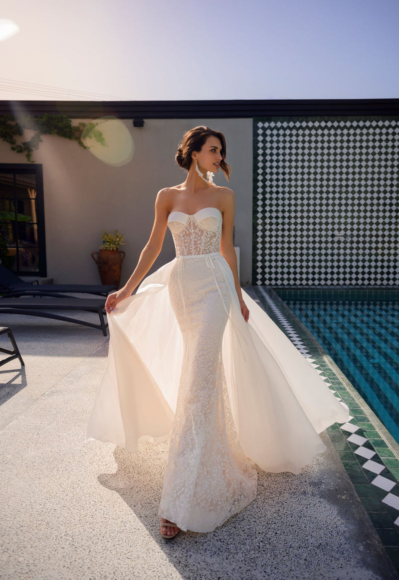 Sexy Strapless Overskirt Wedding Gown – HAREM's Brides Sexy Strapless Overskirt Wedding Gown – HAREM's Brides