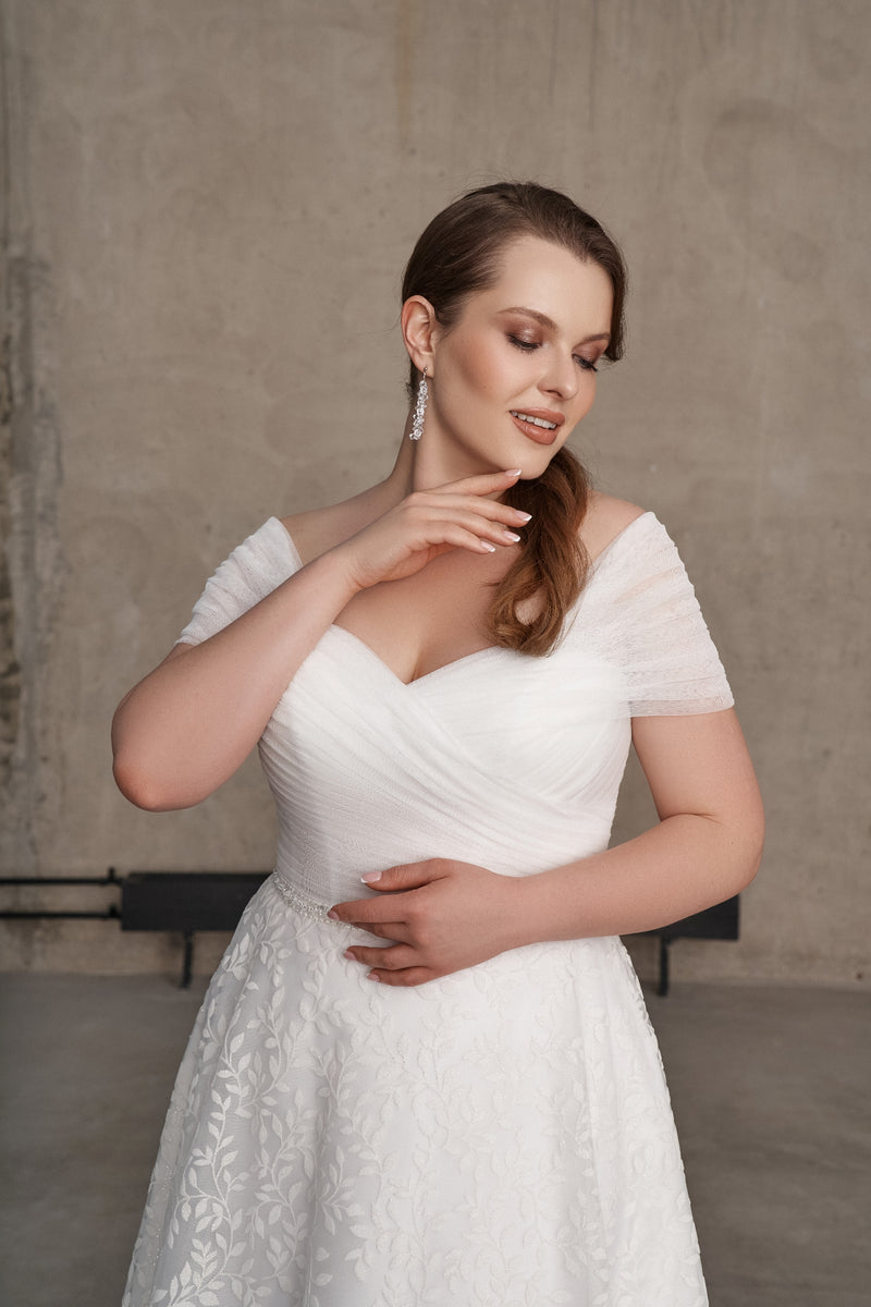 off shoulder dress for fat ladies Plus Size Strapless Glitter Dress with Detachable Train - Off Shoulder Wedding Dress with Draped Waist Corset and High Slit