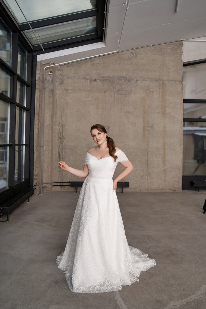 Off-Shoulder A-Line Plus Size Wedding Gown