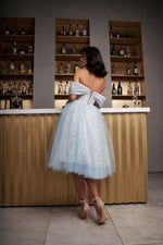 Off-the-Shoulder Midi Glitter Dress