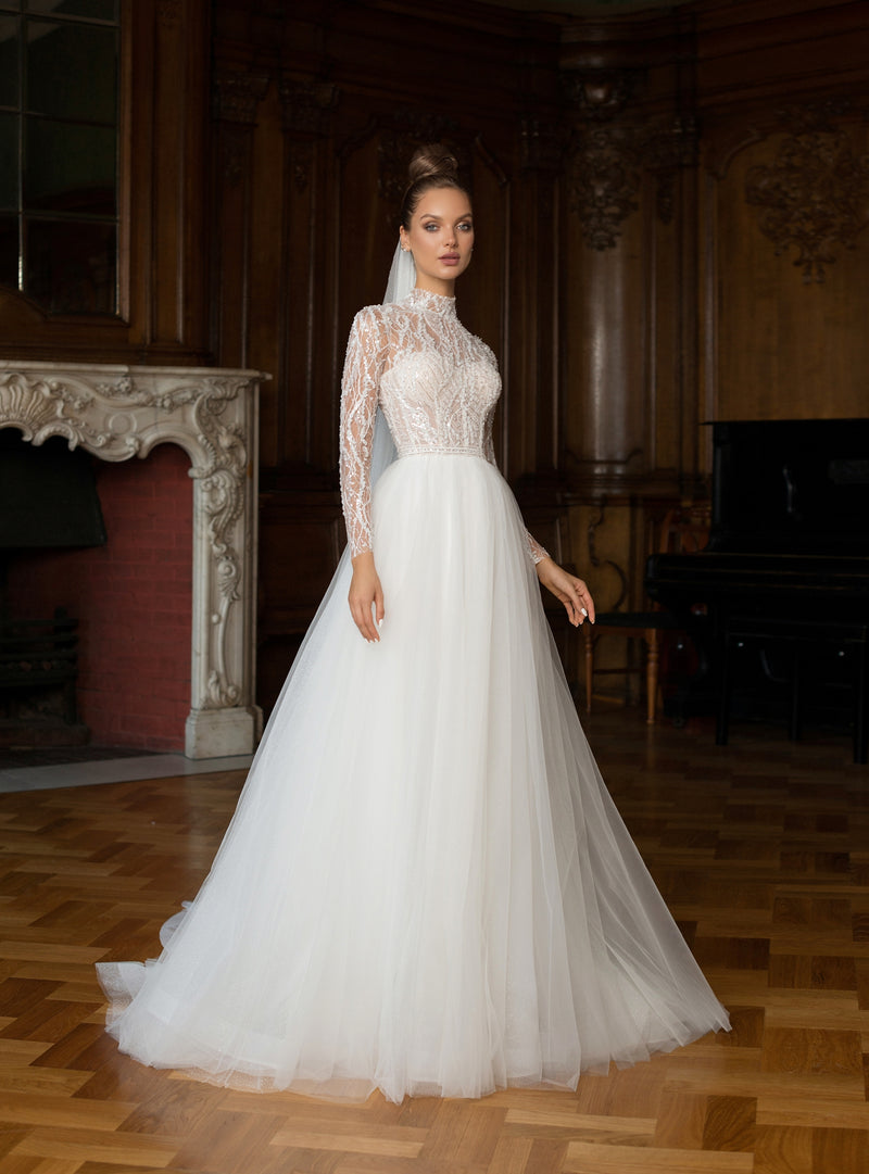 Classy High Neck  Long Sleeve Wedding Dress