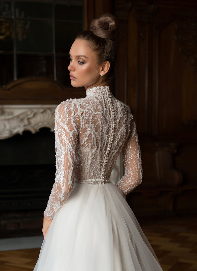 Modest High Collar Long Sleeves A-Line Lace Wedding Dresses with Chape –  Dbrbridal