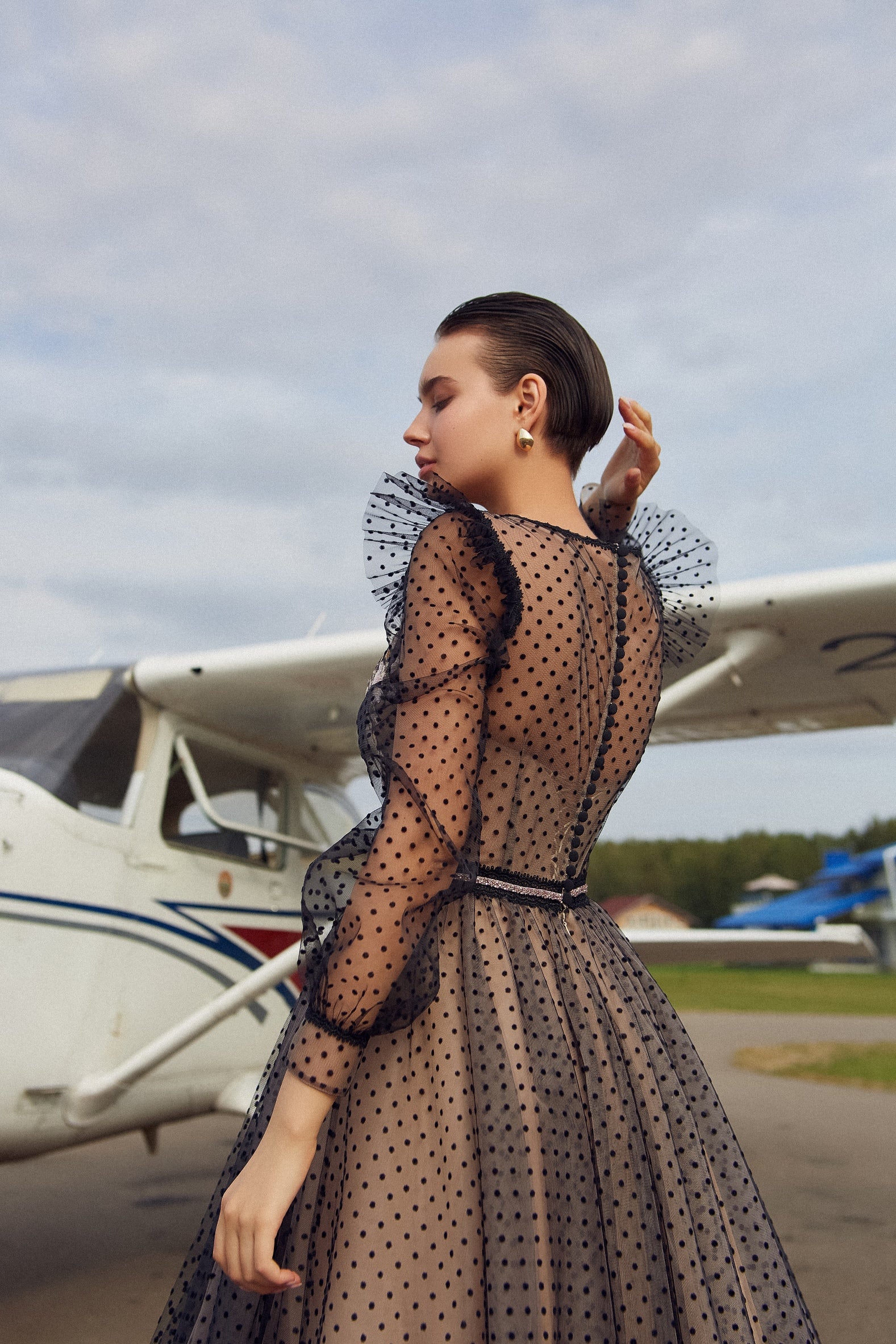 Polka Dot Tulle Black Evening Dress with Sheer Long Sleeves HAREM's Brides Polka Dot Tulle Black Evening Dress with Sheer Long Sleeves HAREM's Brides