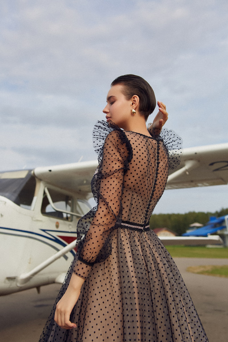 Polka Dot Tulle Black Evening Dress with Sheer Long Sleeves