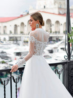Exquisite High Neck Illusion Sleeve Wedding Gown