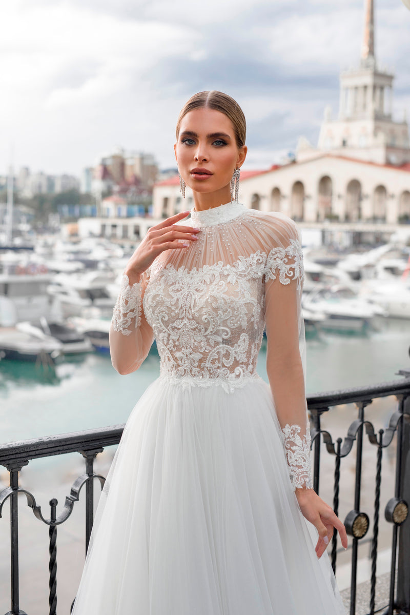 Exquisite High Neck Illusion Sleeve Wedding Gown