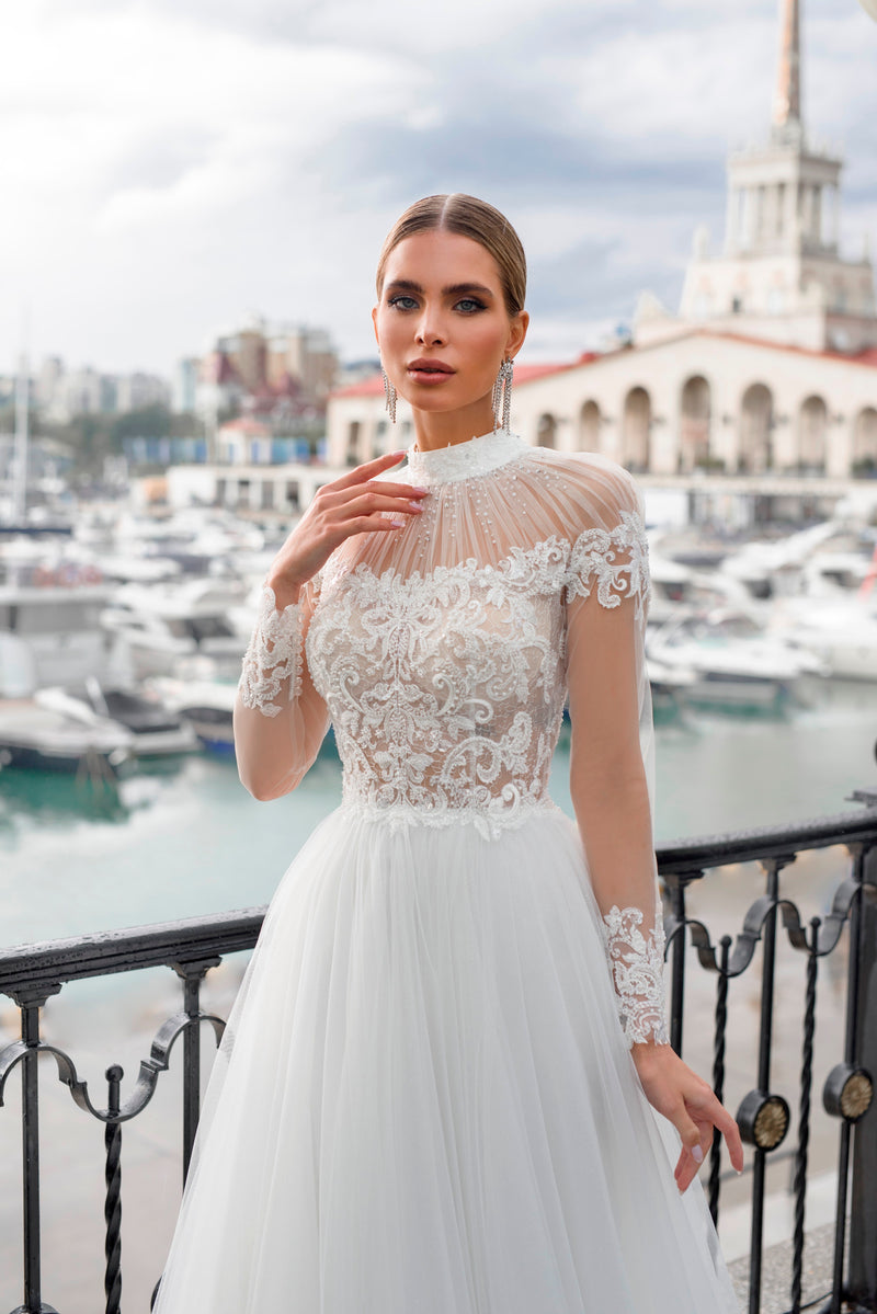 Exquisite High Neck Illusion Sleeve Wedding Gown – HAREM's Brides Exquisite High Neck Illusion Sleeve Wedding Gown – HAREM's Brides