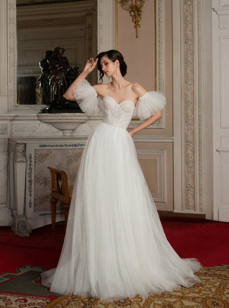 strapless wedding dress with sleeves ALENA where master seamstresses know that true luxury lies in intelligent construction Classy Elegant Strapless Plunging Neckline