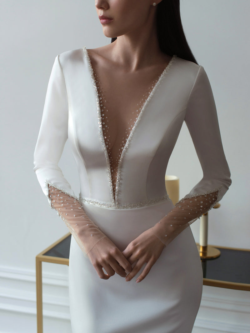 Elegant Long Sleeve V-Neck Mermaid Wedding Dress HAREM's Brides Elegant Long Sleeve V-Neck Mermaid Wedding Dress HAREM's Brides