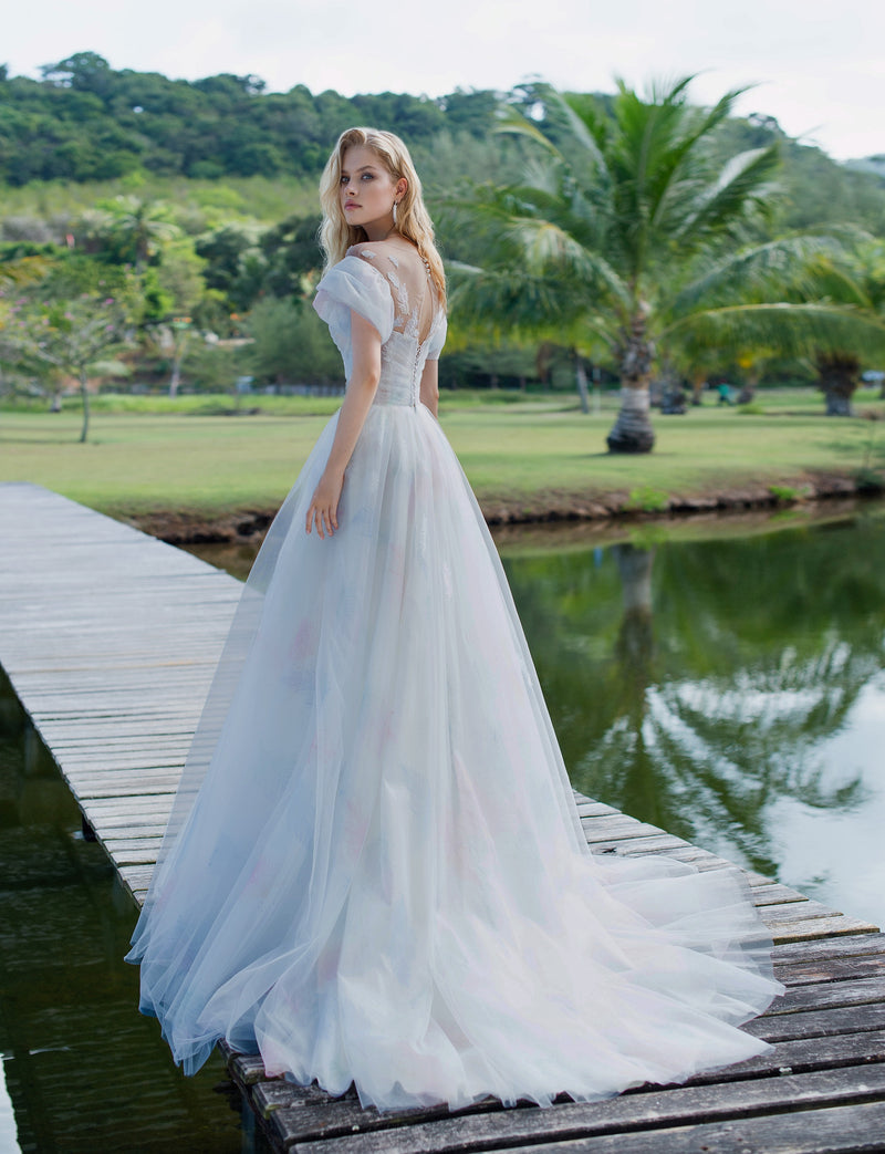 Off-Shoulder Illusion Neck Floral Print Wedding Gown