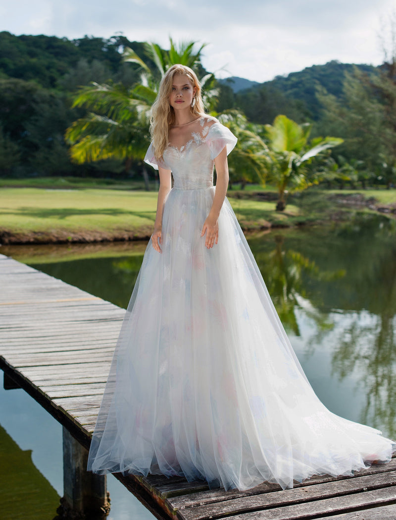 Off Shoulder Illusion Neck Floral Print Wedding Gown with Feathers