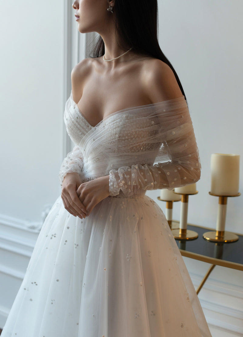 Off-Shoulder A-Line Glitter Wedding Gown HAREM's Brides Off-Shoulder A-Line Glitter Wedding Gown HAREM's Brides