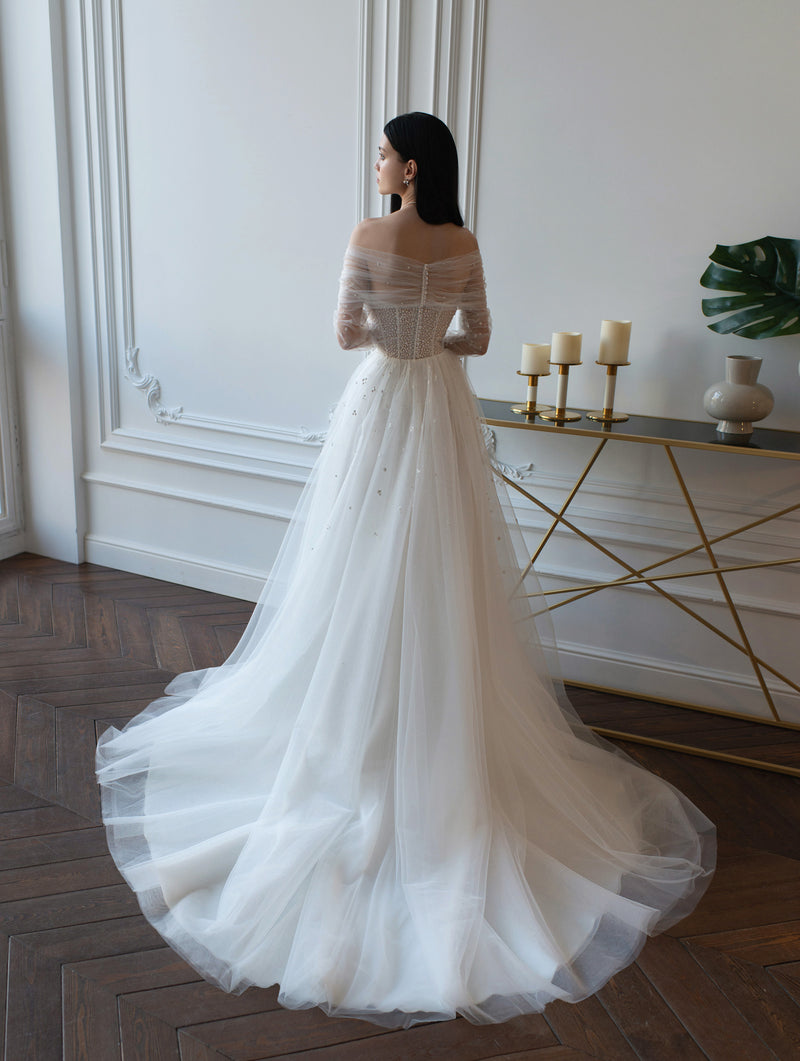 Off-Shoulder A-Line Glitter Wedding Gown HAREM's Brides Off-Shoulder A-Line Glitter Wedding Gown HAREM's Brides