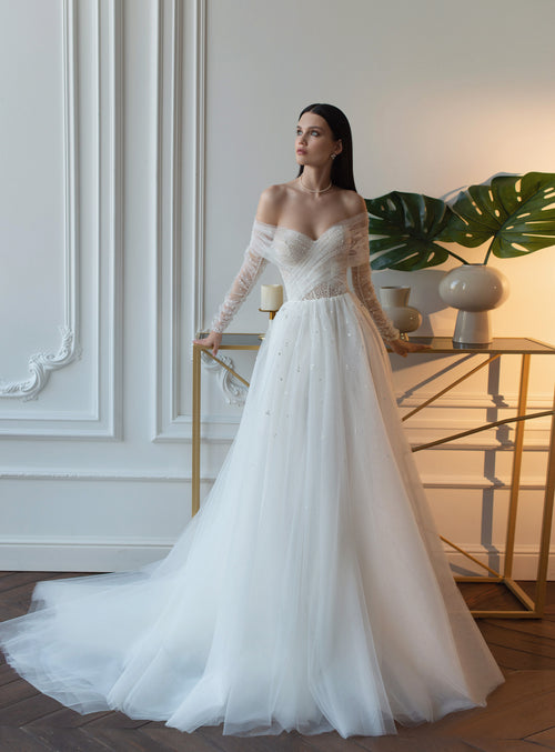 Off-Shoulder A-Line Glitter Wedding Gown