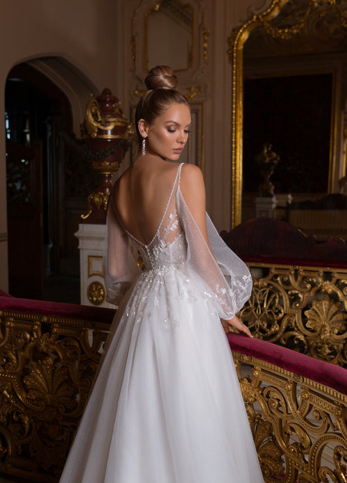 V-Neck Sheer Long Sleeve A-Line Wedding Dress