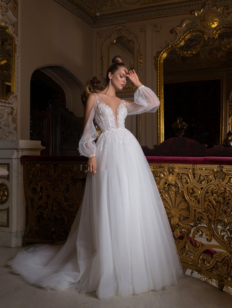 V-Neck Sheer Long Sleeve A-Line Wedding Dress