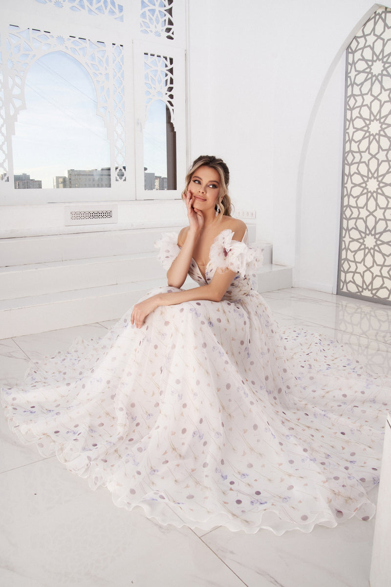 Off-the-Shoulder Floral Maxi Organza Dress HAREM's Brides Off-the-Shoulder Floral Maxi Organza Dress HAREM's Brides