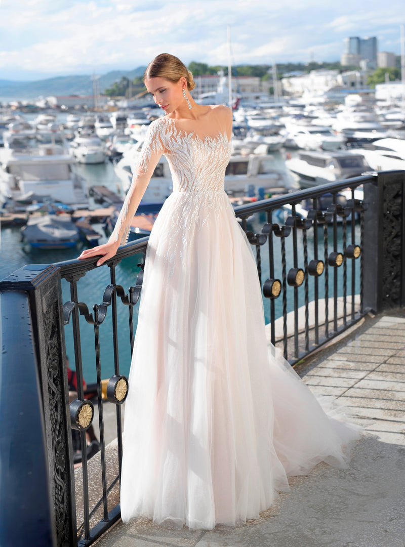 Asymmetrical Illusion Sleeve Wedding Gown