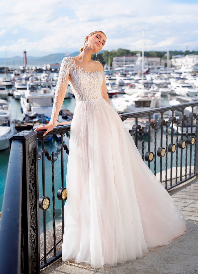 Asymmetrical Illusion Sleeve Wedding Gown